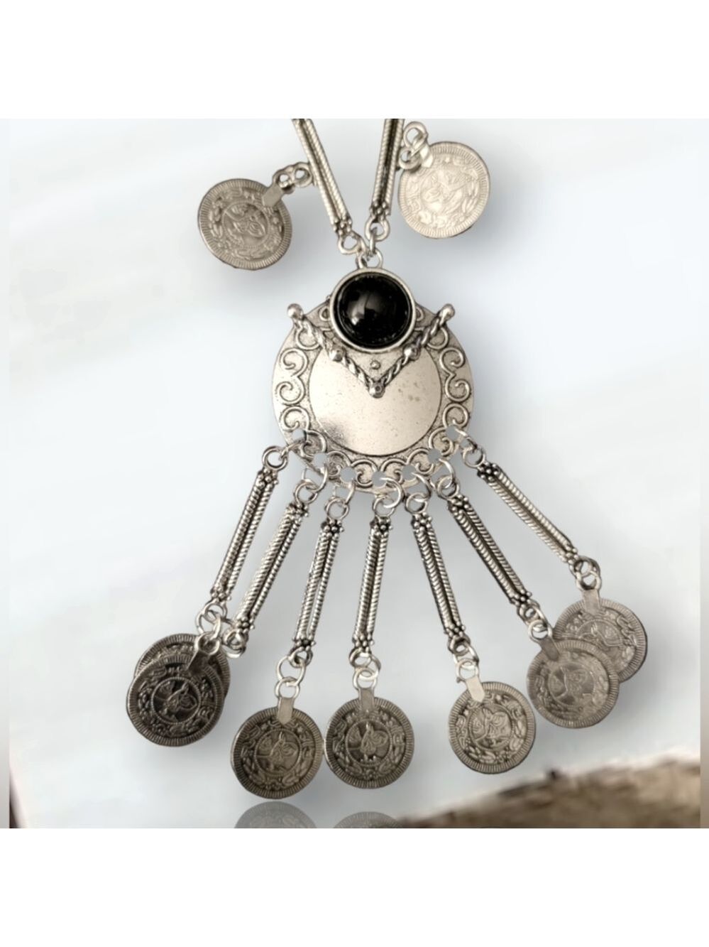 Boho Coin Necklace.- Silver w black stone.